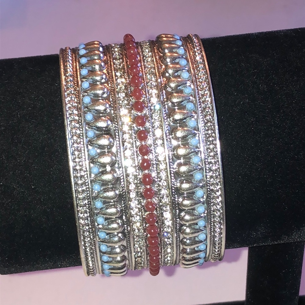 Silver Tone Boho Cuff Bracelet with Red and Light Blue Accents
